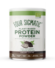 Four Sigmatic protein powder ingredients and product information panel on packaging
