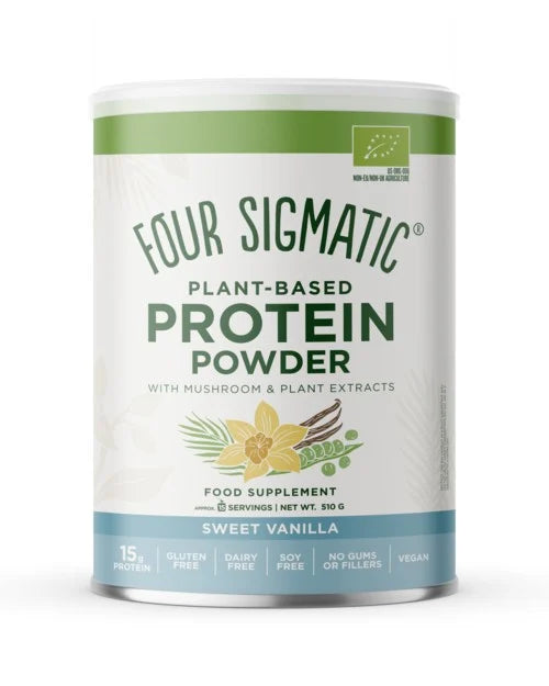 Four Sigmatic plant-based protein powder can on a white background
