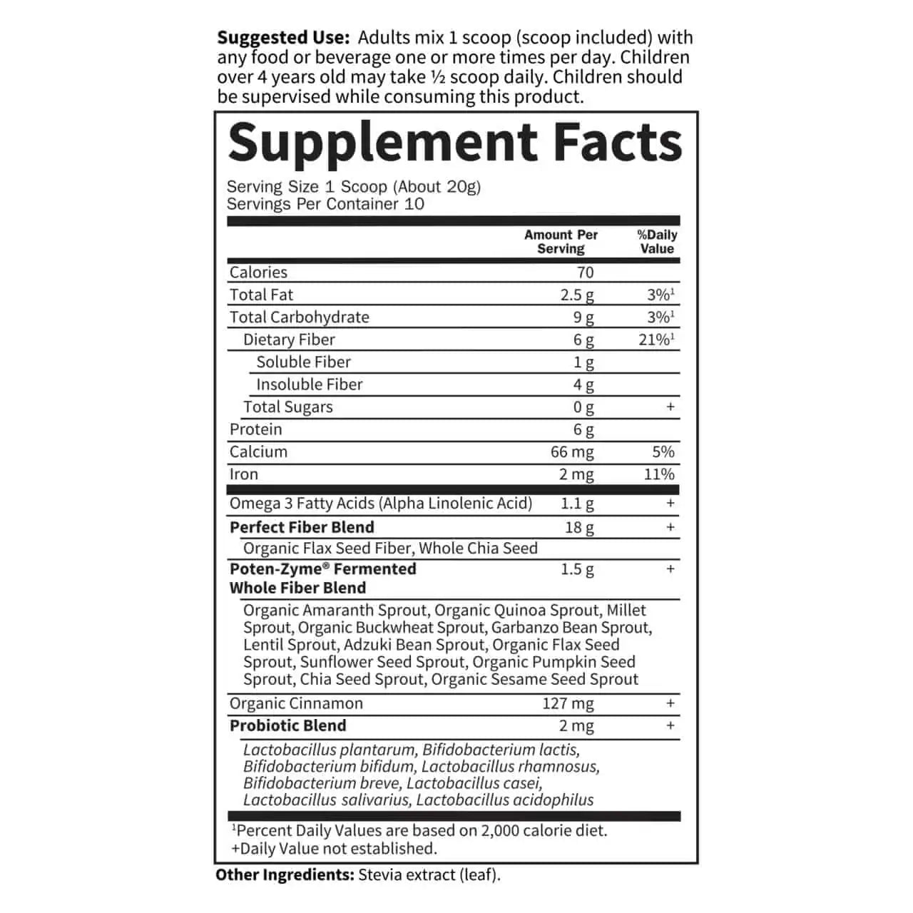 Supplement facts label for Super Seed powder with fiber and protein.