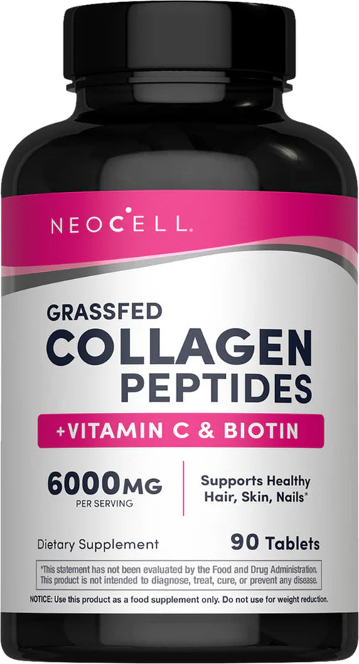 NeoCell Grass Fed Collagen Peptides bottle with Vitamin C and Biotin 90 tablets on white background.