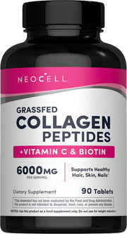 NeoCell Grass Fed Collagen Peptides bottle with Vitamin C and Biotin 90 tablets on white background.