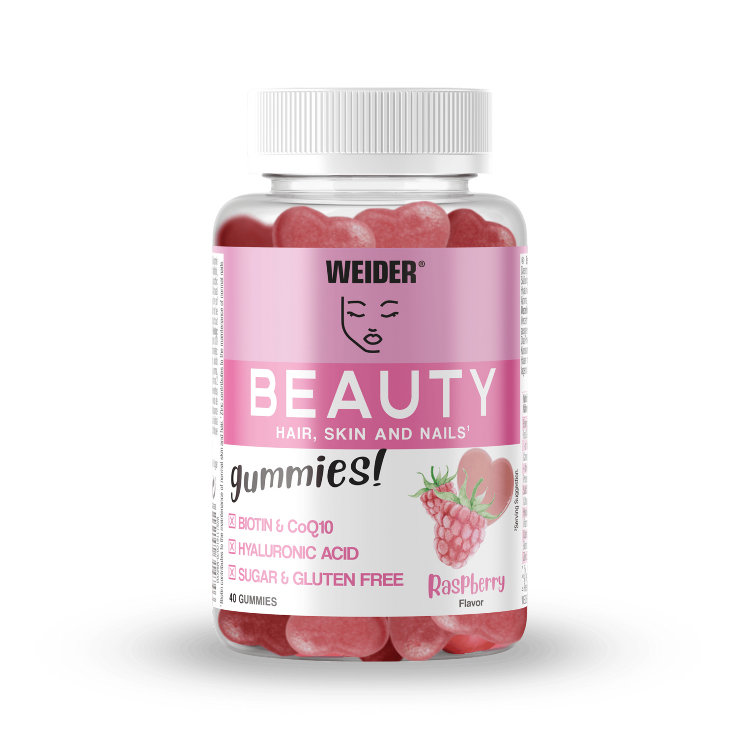 WEIDER Beauty Hair, Skin & Nails Gummies – Raspberry Flavour | 40 Gummies | Biotin + CoQ10 + Hyaluronic Acid