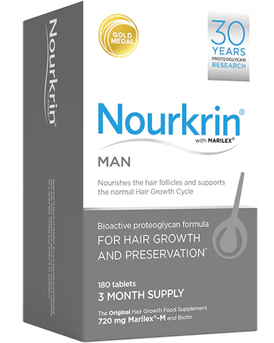 Nourkrin Man Hair Support Supplement box with 180 tablets on white background.