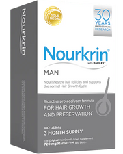 Nourkrin Man Hair Support Supplement box with 180 tablets on white background.