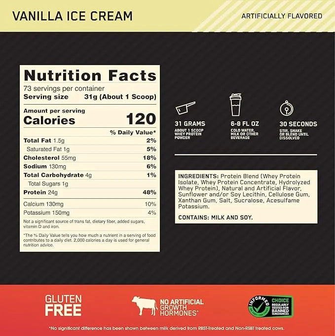 Optimum Nutrition Gold Standard Whey Protein nutrition label vanilla 2.04kg