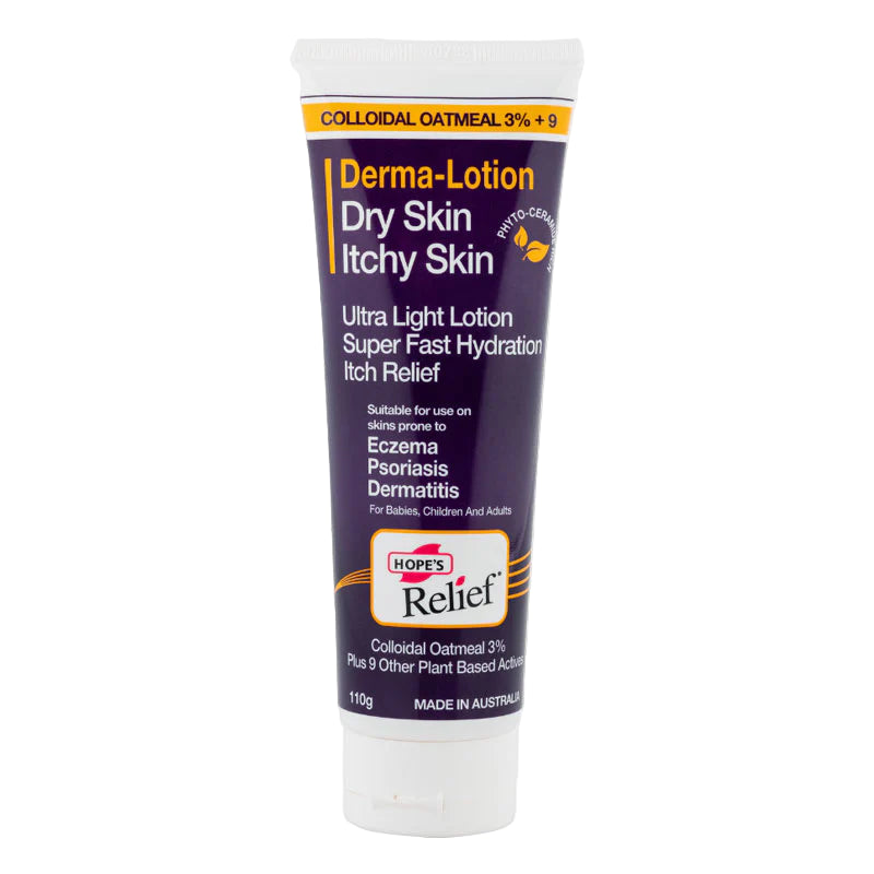 Tube of Derma-Lotion for dry skin and itchy skin on a white background