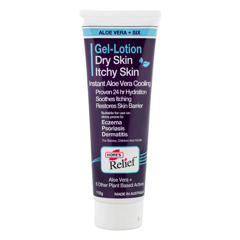 Tube of Hope's Relief Gel-Lotion for dry skin and itchy skin on a white background