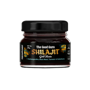 The Good Guru Shilajit Gold Resin with Herbal Blend in a 20g glass jar on a white background.