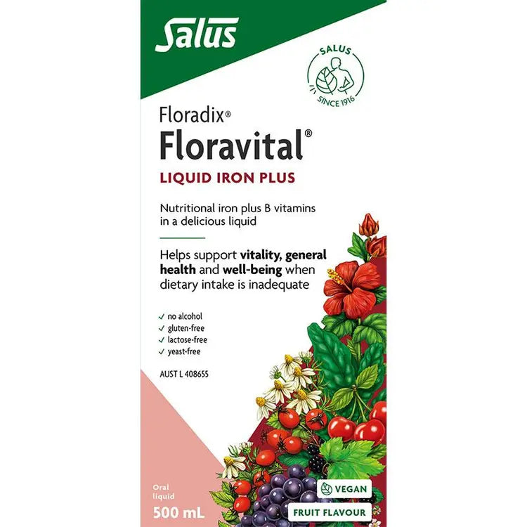 Floradix Floravital liquid iron and vitamin formula bottle front label 500ml box