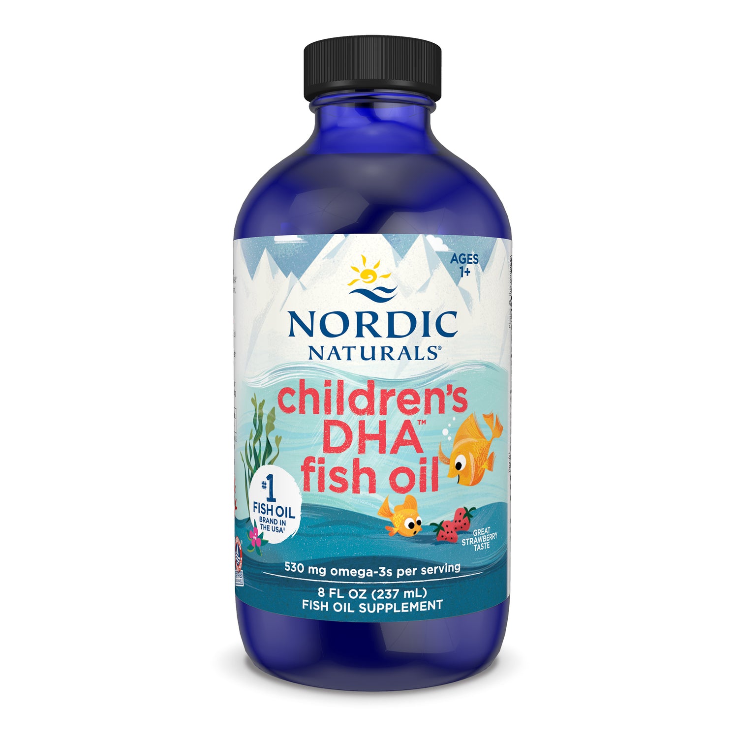 Nordic Naturals Children's DHA Strawberry Flavour Liquid 237ml bottle with cod liver oil.