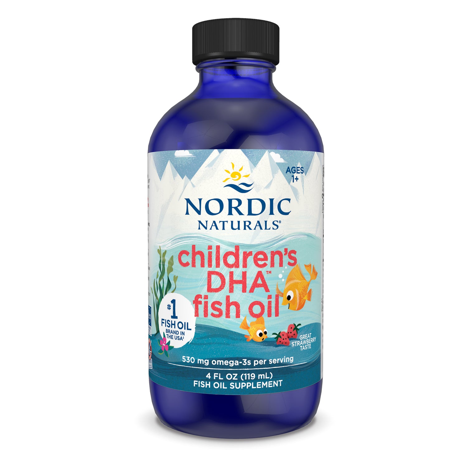 Nordic Naturals Children's DHA Strawberry Flavour Liquid 119ml bottle with cod liver oil.