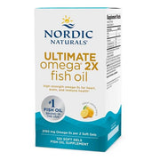 Front of Nordic Naturals Ultimate Omega 2X fish oil box, lemon flavour, 120 softgels.
