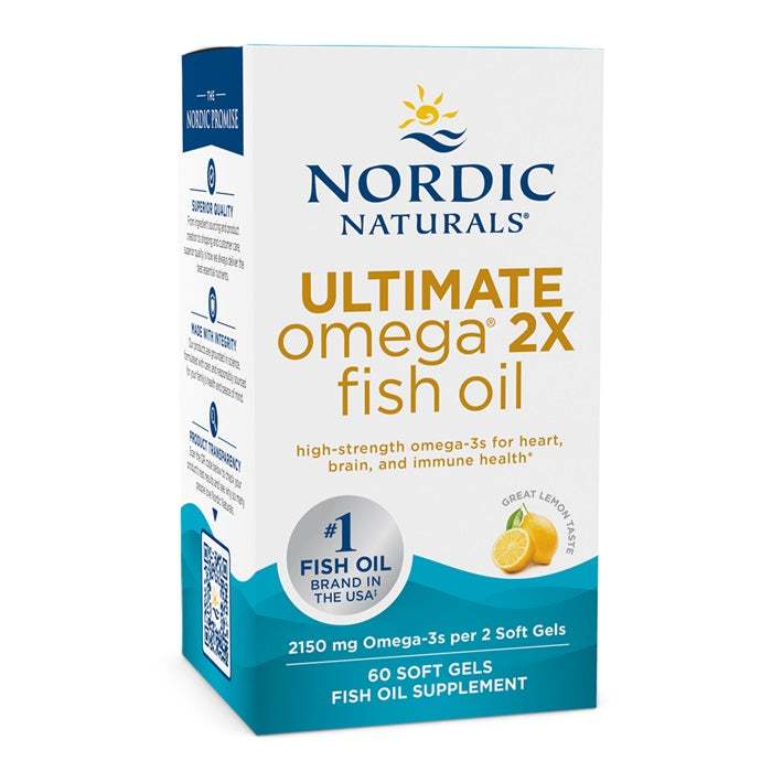 Front of Nordic Naturals Ultimate Omega 2X fish oil box, lemon flavour, 60 softgels.