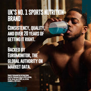 Protein shaker bottle filled with the mixed, translucent lemonade-coloured drink.