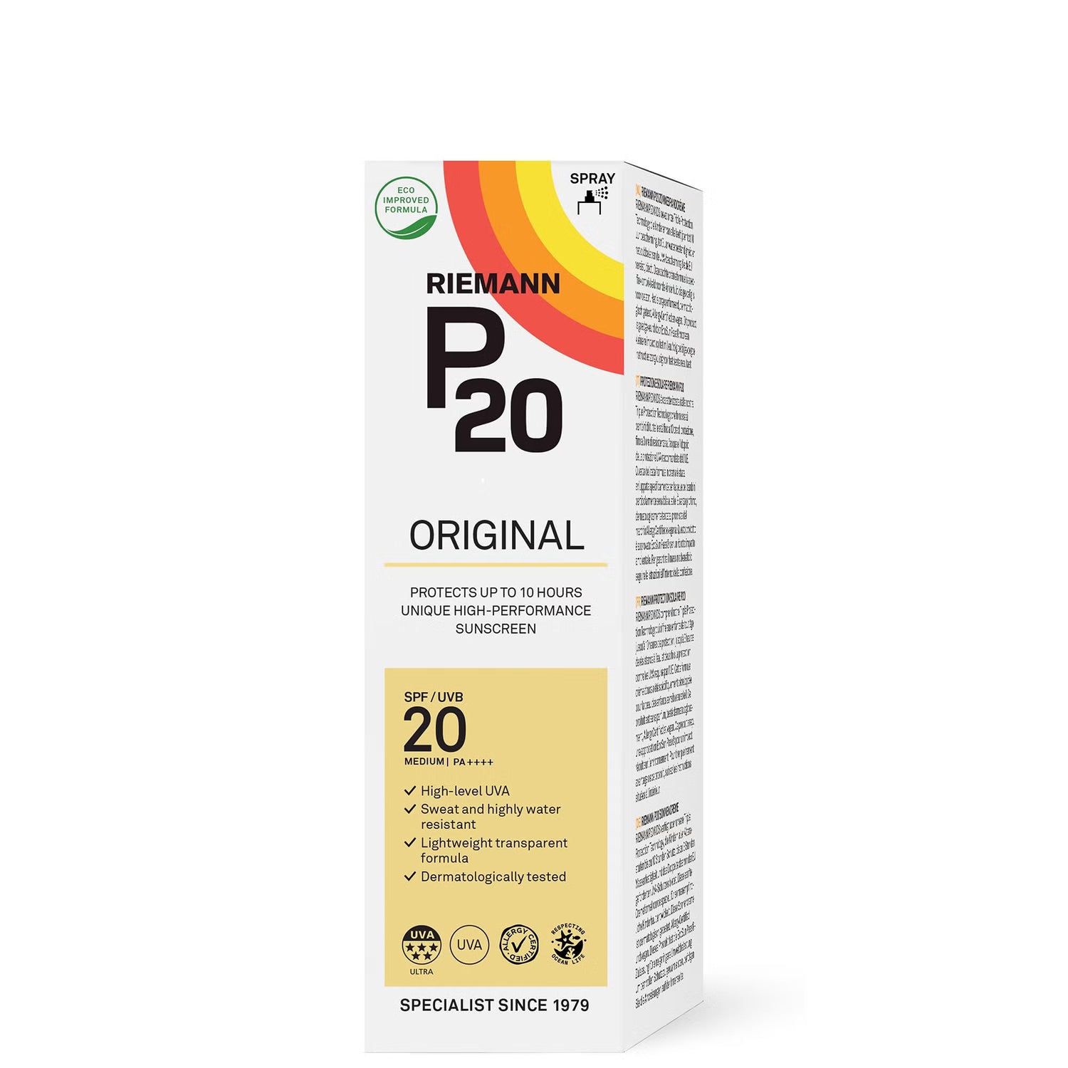 Riemann P20 Original SPF20 Sunscreen Spray box, 100ml, on white background.