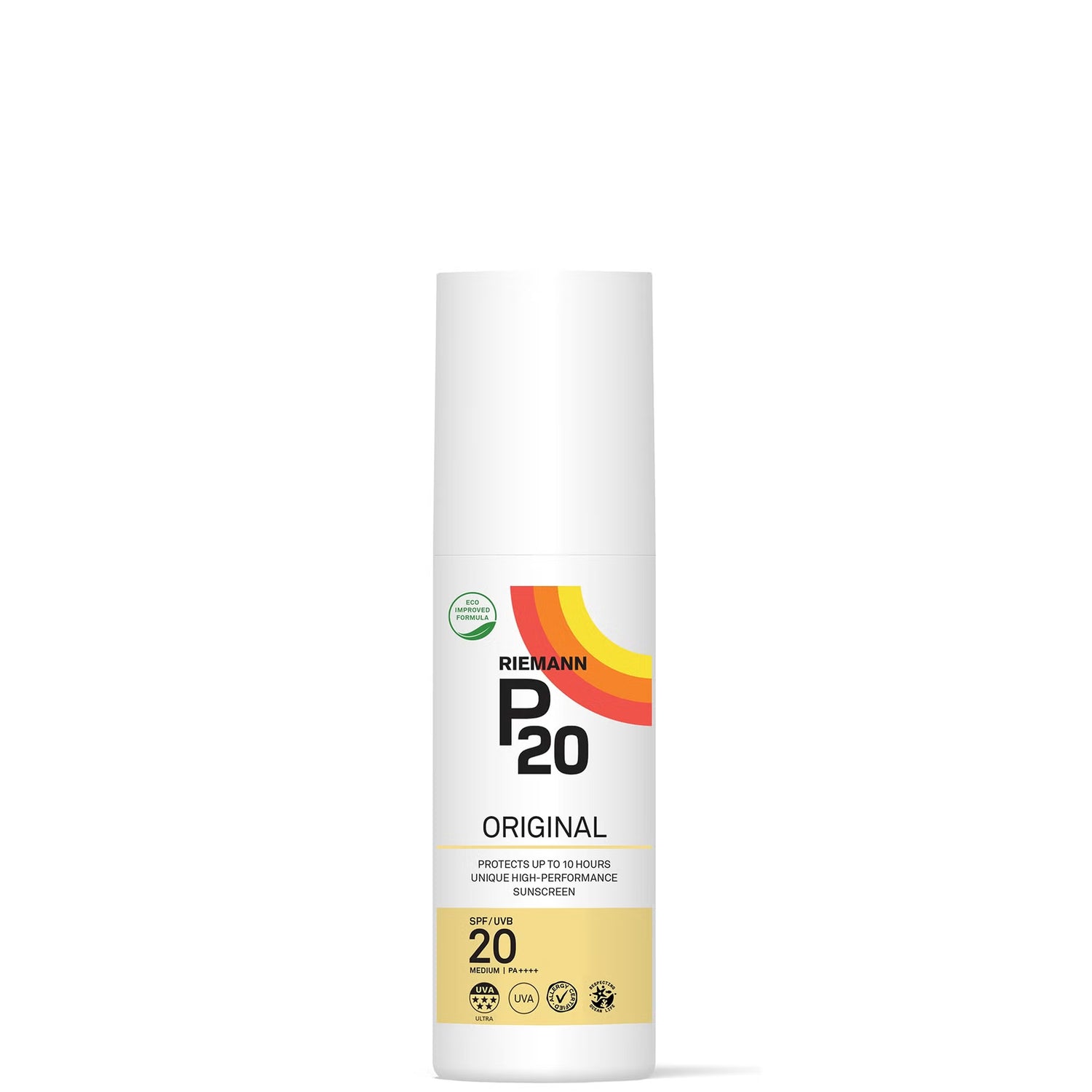 Riemann P20 Original SPF20 Sunscreen Spray bottle, 100ml, on white background.