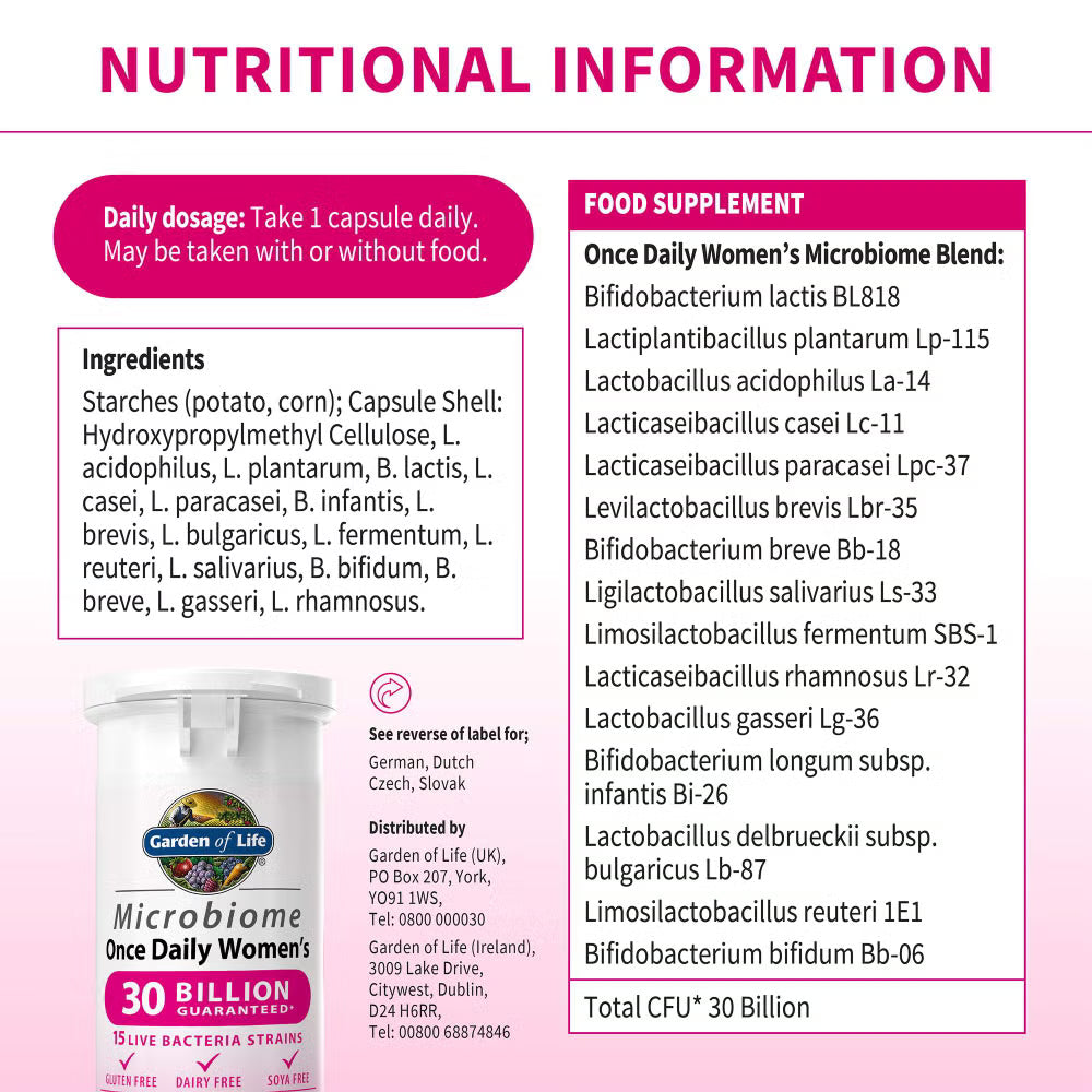 Probiotic strain list and guarantee for women's daily probiotic.