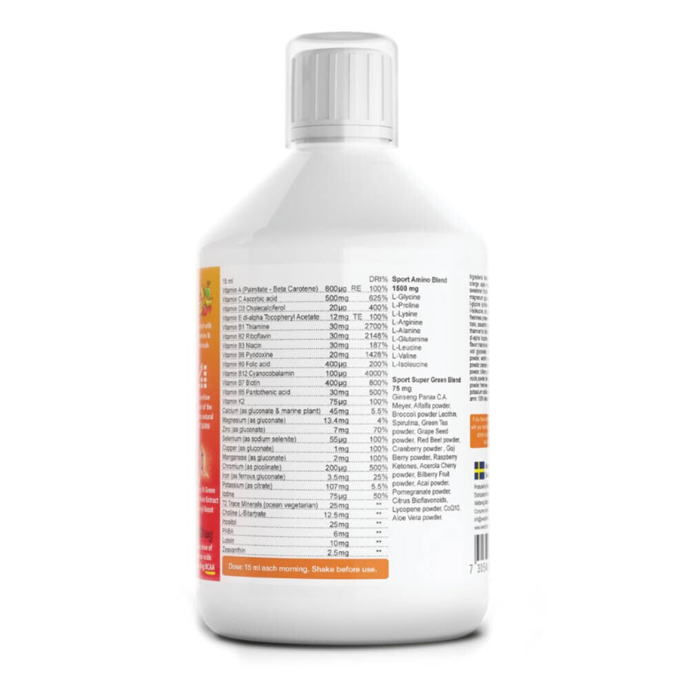 Supplement facts & ingredients image: Swedish Nutra Mega Sport multivitamin supplement facts ingredients 500ml bottle