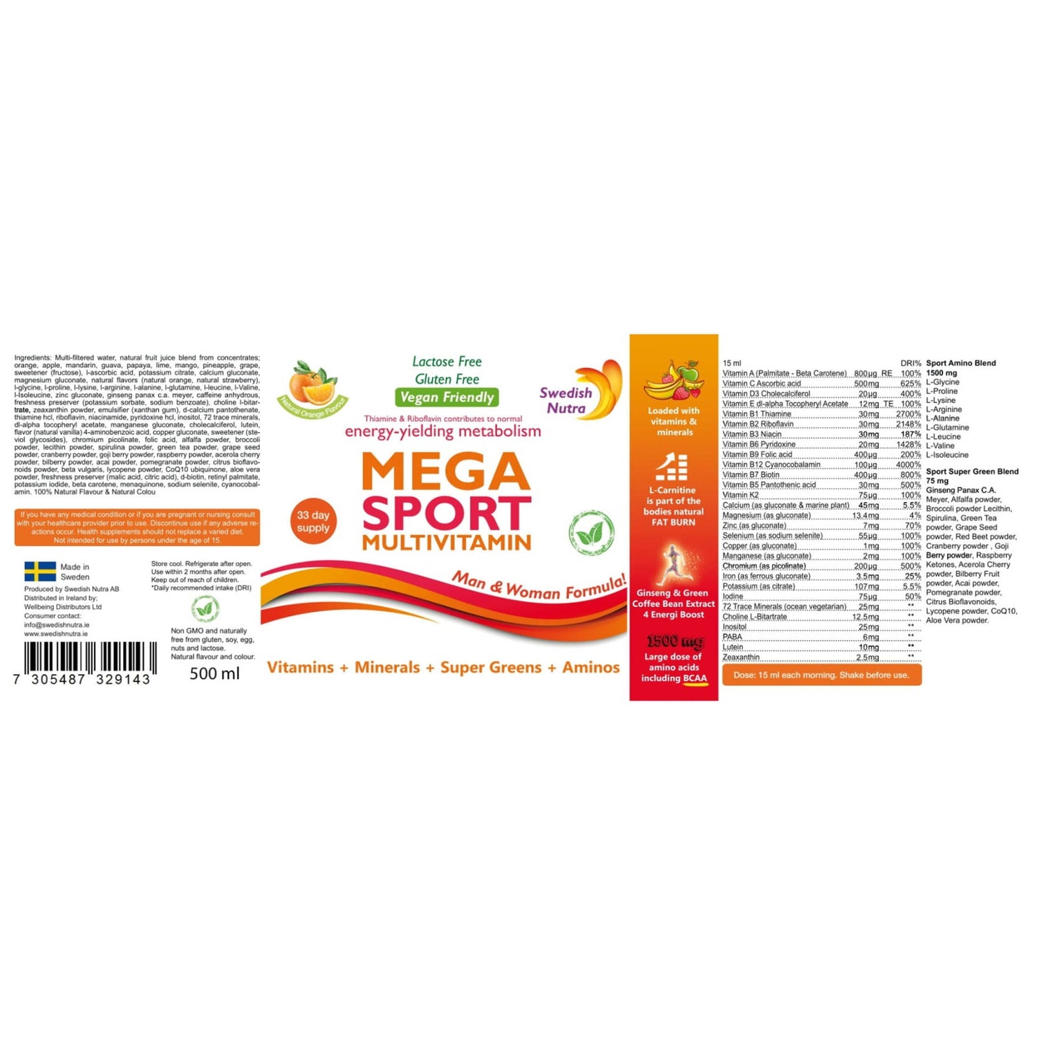 Barcode image: Swedish Nutra Mega Sport multivitamin liquid 500ml barcode packaging
