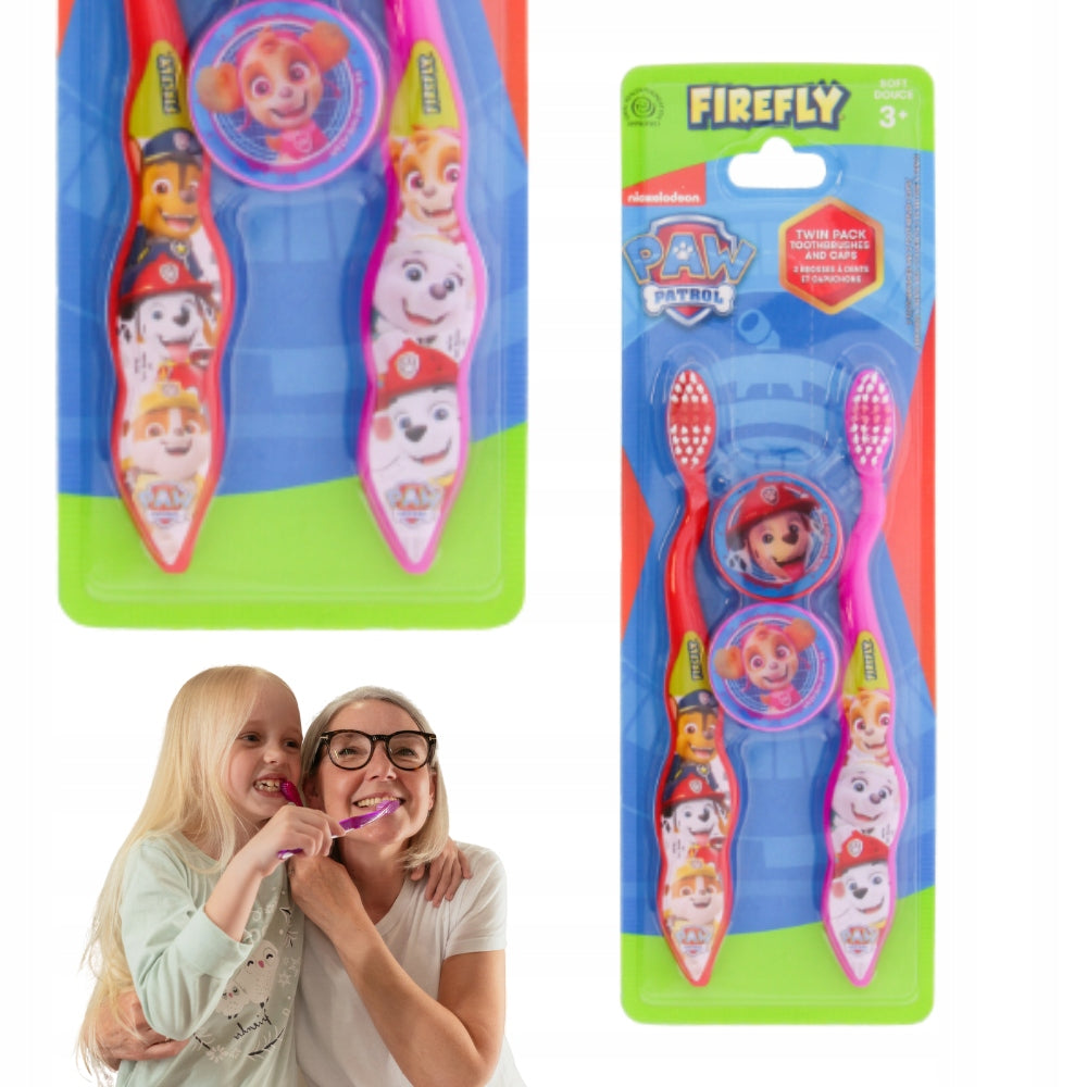 Lifestyle/use image: Firefly Paw Patrol kids toothbrush daily brushing routine plastic handle soft bristles 2 pack