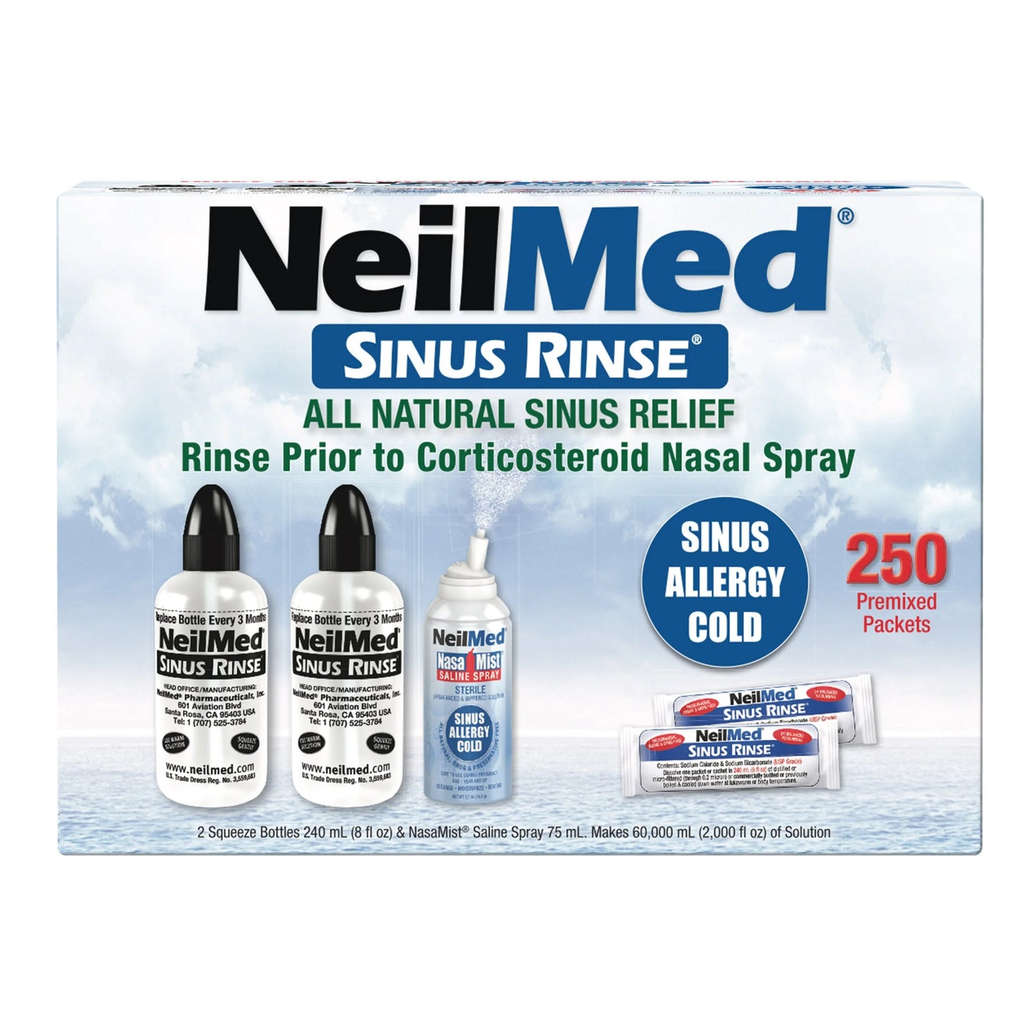 Front image: NeilMed Sinus Rinse kit bottles 240ml 250 sachets nasal spray value pack