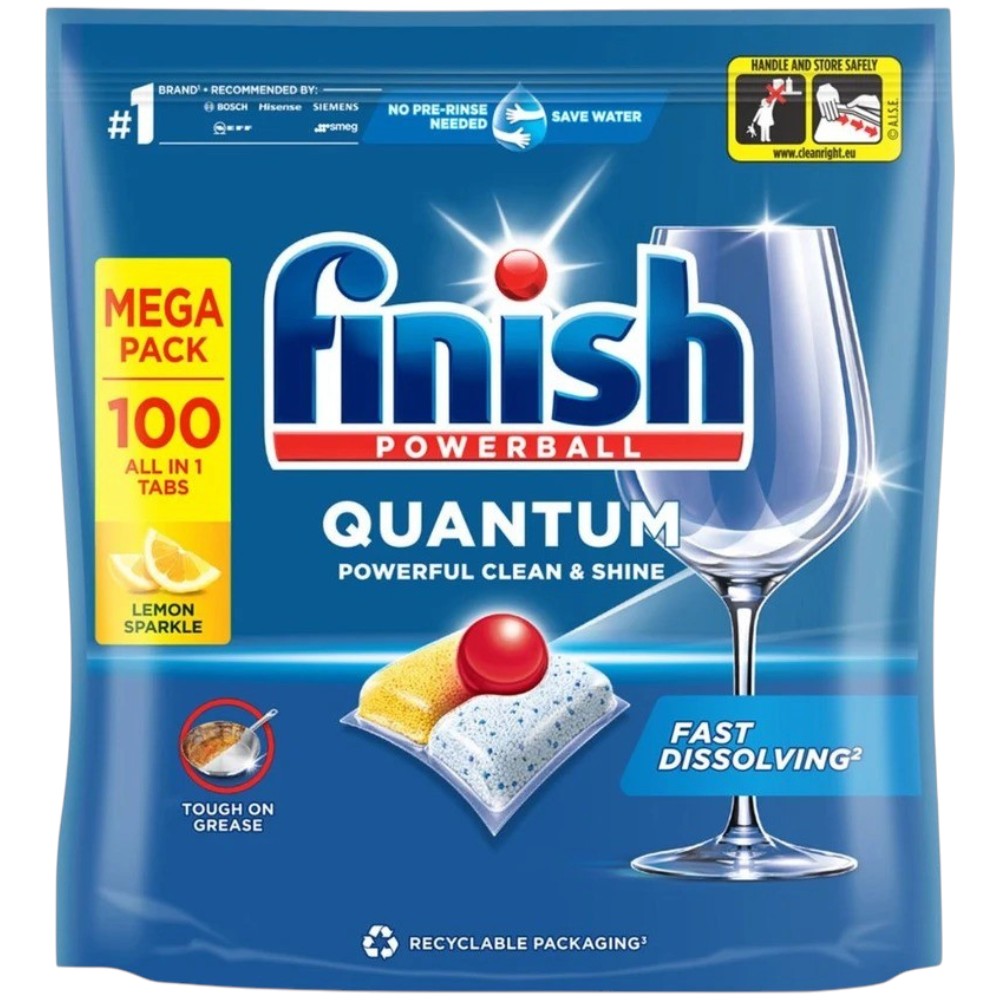 Finish Powerball Quantum Lemon Sparkle Dishwasher Tablets 100 Pack front packaging