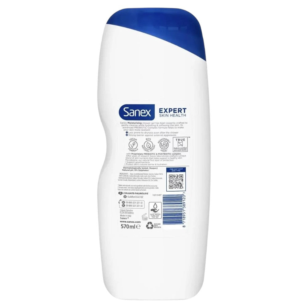Sanex Expert Skin Health Moisturising Shower Gel, bottle packaging, no flavour, 570ml, ingredients information & barcode