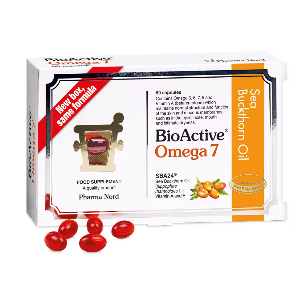 Pharma Nord BioActive Omega 7 Sea Buckthorn Oil, food supplement softgel capsule new box packaging, no flavour, 60 capsules
