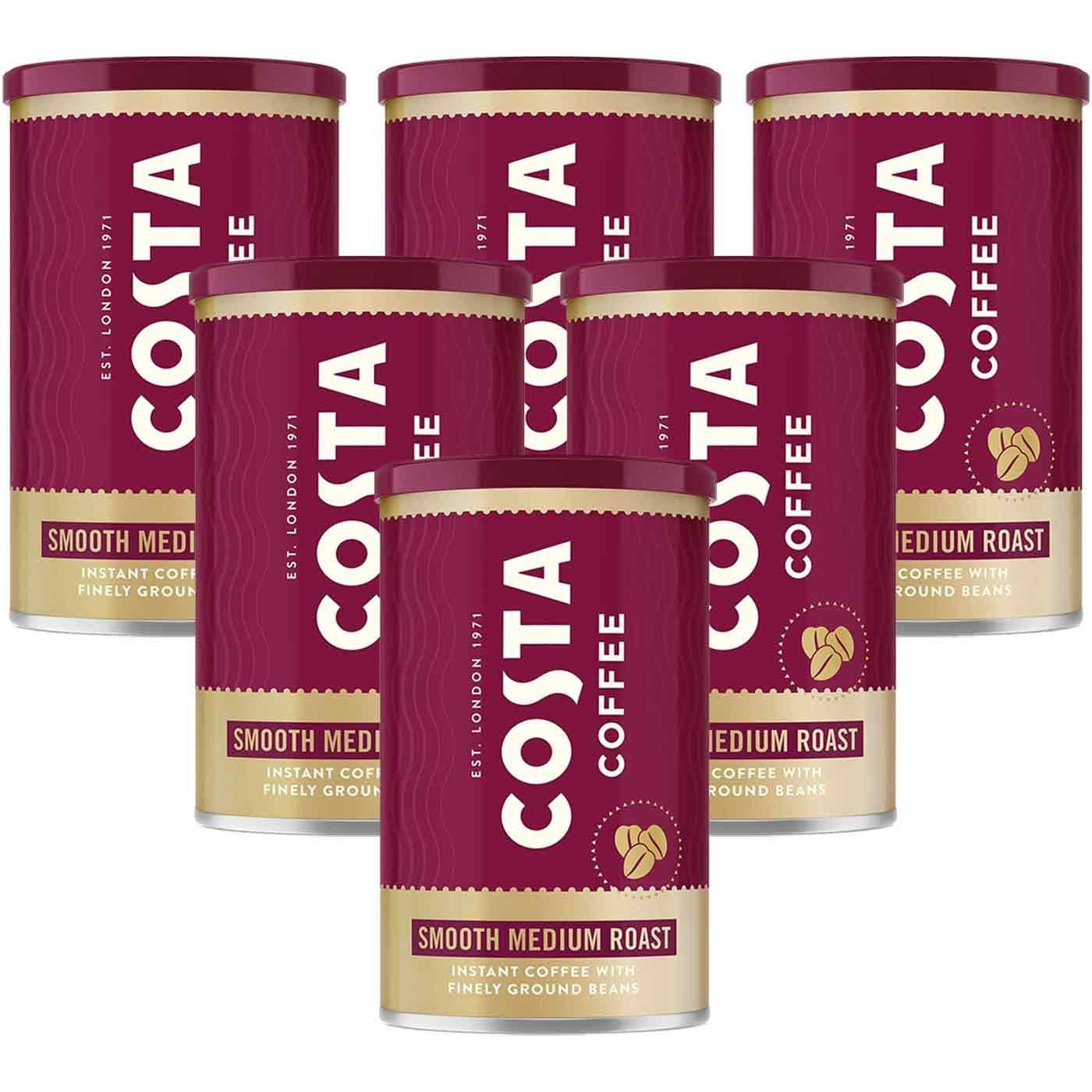 Costa Coffee Smooth Medium Roast instant coffee jars 6 x 100g packaging front