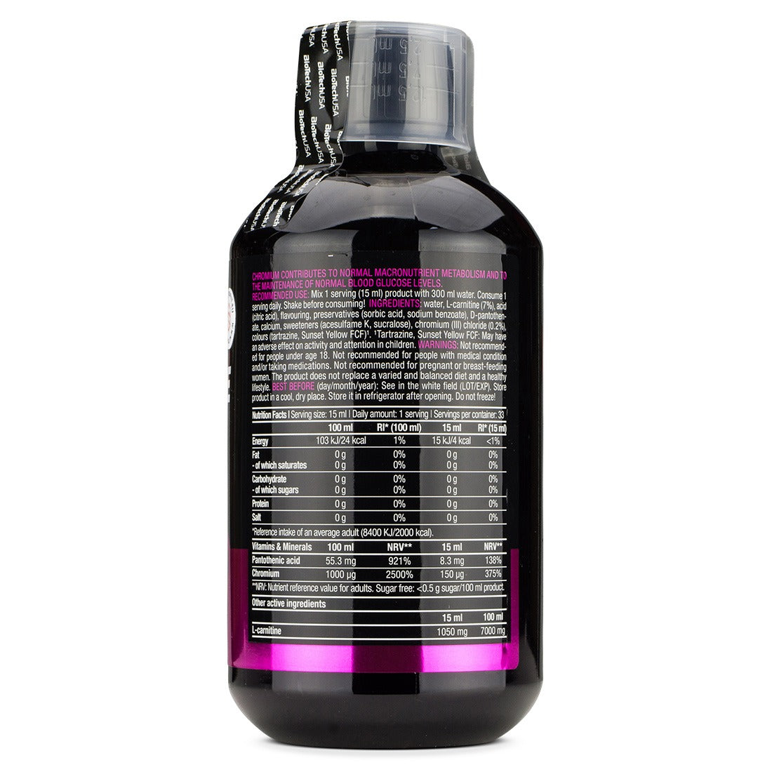 Supplement Facts & Ingredients Image: BioTechUSA L-Carnitine Chrome ingredients label 500ml bottle