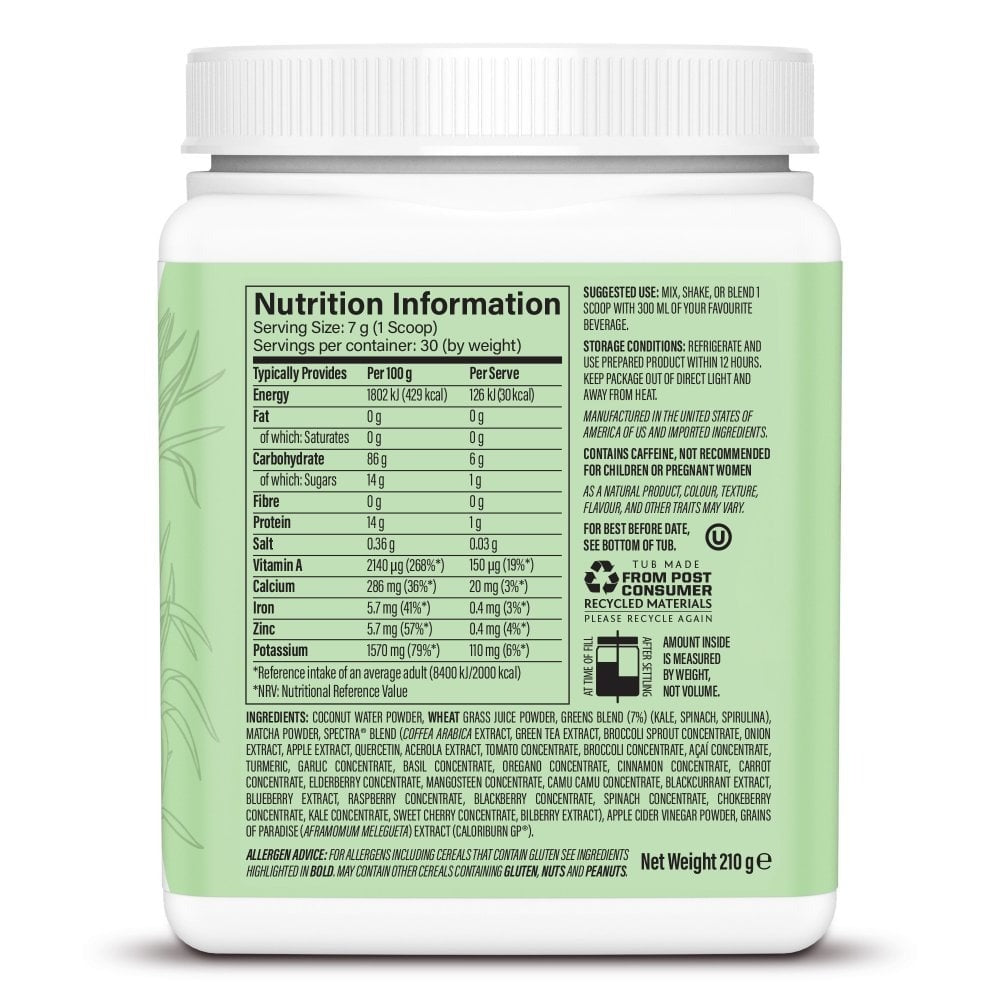 Sunwarrior Shape Thermo Greens unflavoured supplement facts ingredients powder tub 210g
