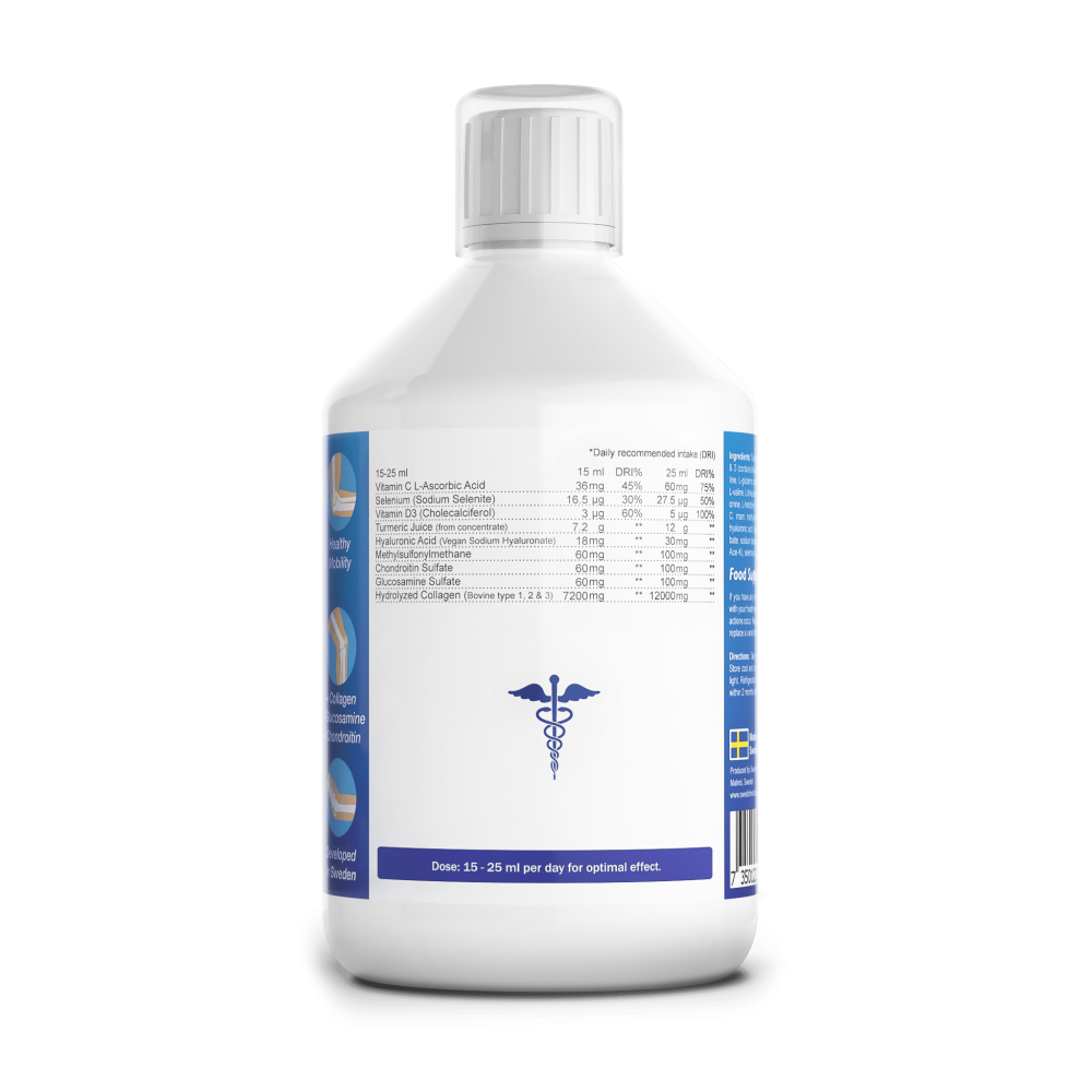 Supplement facts & ingredients image: Swedish Nutra collagen joint support MAX supplement facts ingredients 500ml