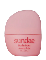 Front image: Sundae Body Mist Always Late spray bottle woody fragrance 90ml single pack