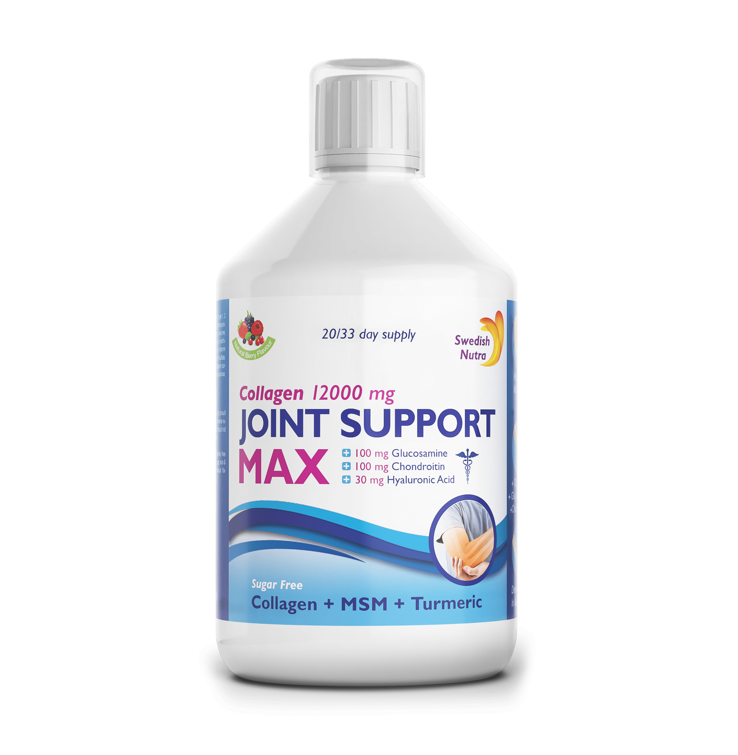 Front image: Swedish Nutra Collagen Joint Support MAX liquid blueberry flavour 500ml bottle
