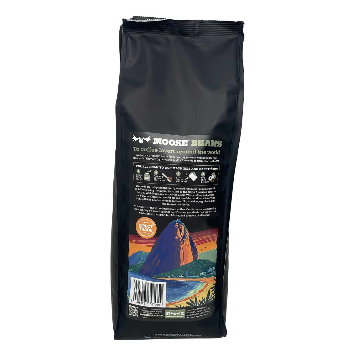 Moose Beans Brazil Blend whole coffee beans bag barcode packaging 1kg
