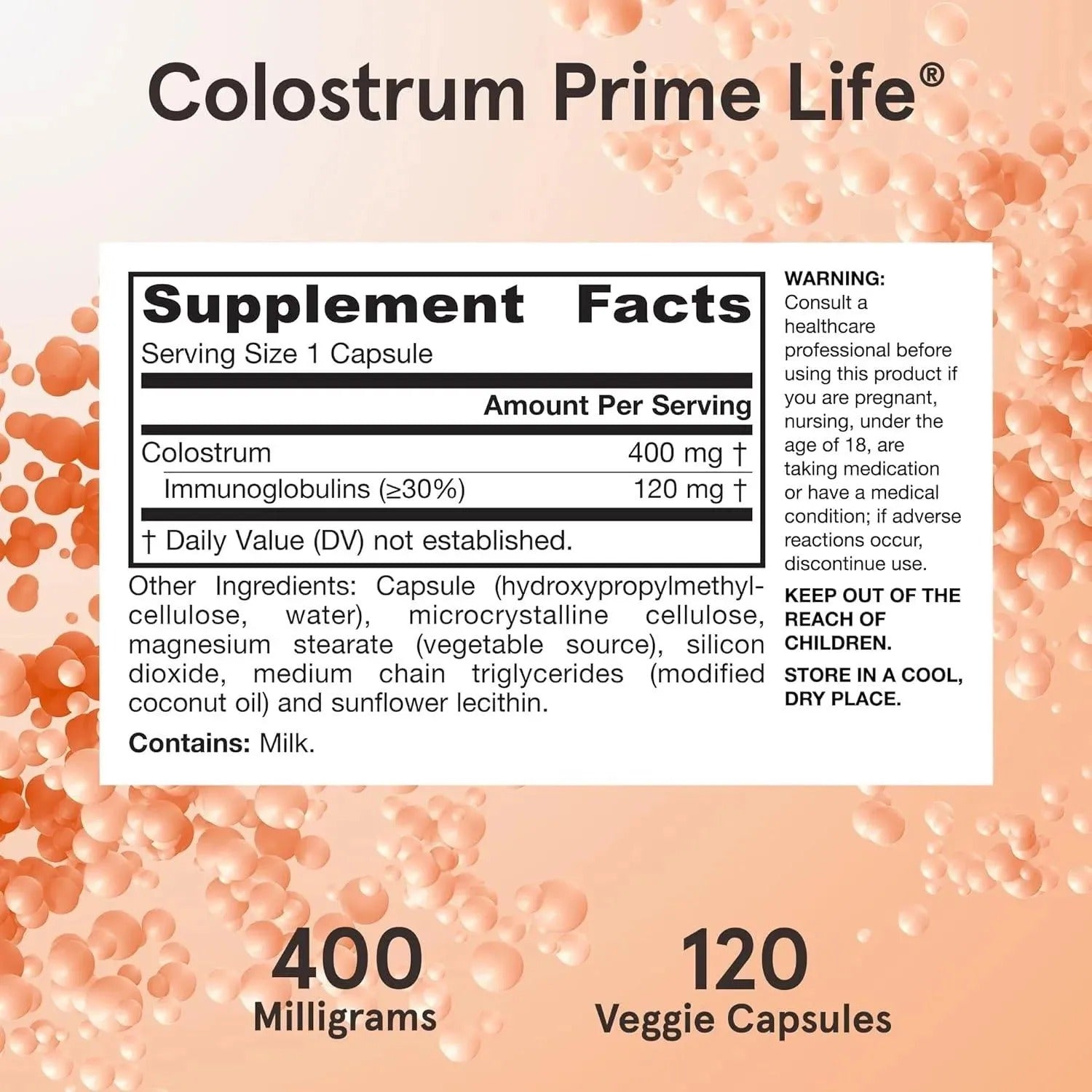 Supplement Facts Image: Jarrow Formulas Colostrum Prime Life 400mg supplement facts and ingredients 120 count