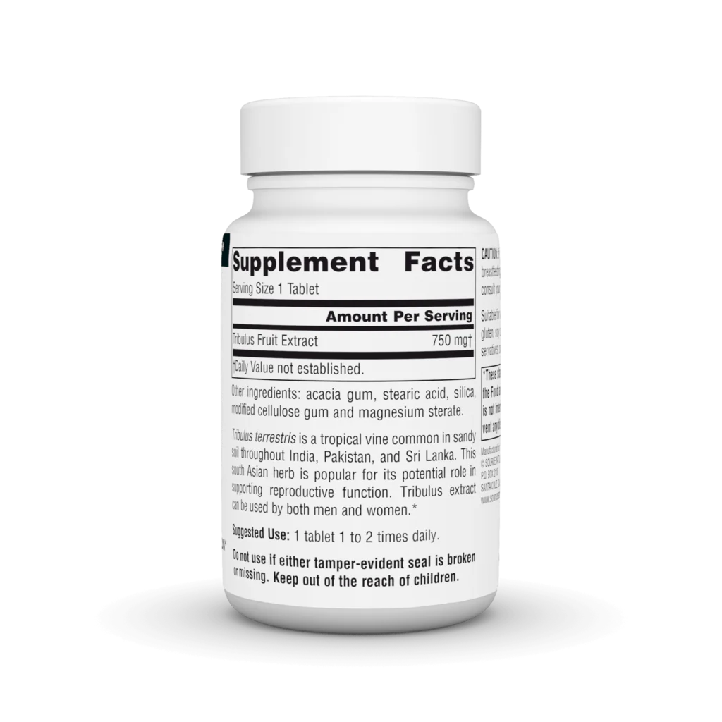 Supplement facts & ingredients image: Source Naturals Tribulus Extract 750mg tablets ingredient panel 30 count