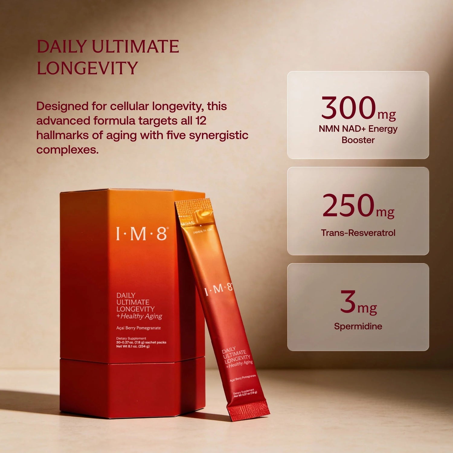 IM8 Daily Ultimate Longevity Acai Berry Pomegranate 30 Sachets with Storage Box