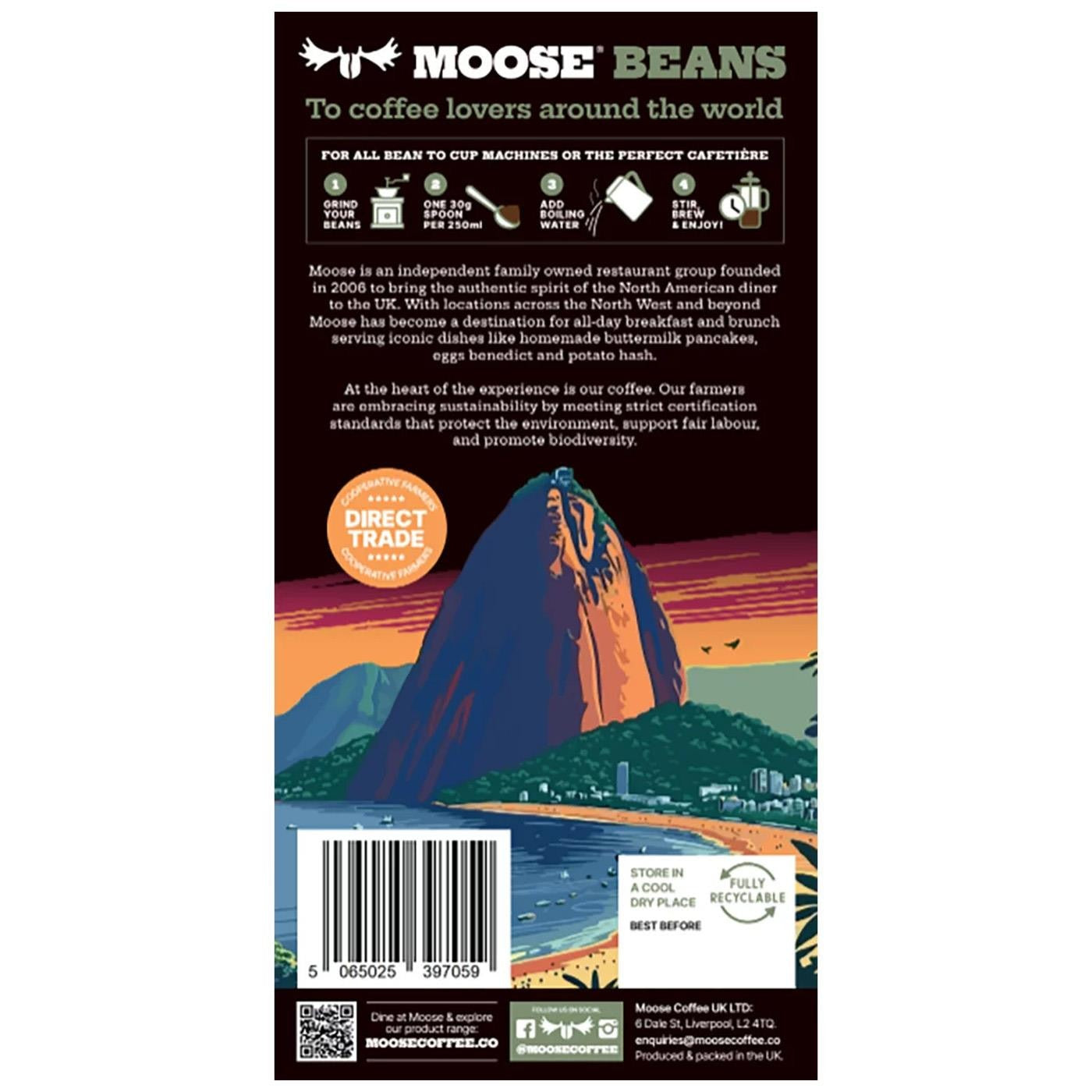 Moose Beans Brazil Blend whole coffee beans bag barcode packaging 1kg