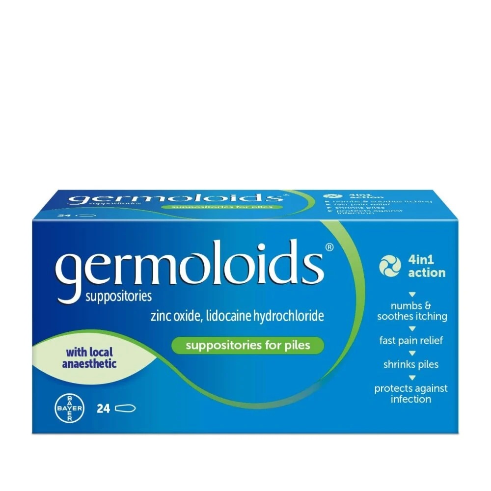 Germoloids Suppositories with Lidocaine for Internal Piles 24 Count box