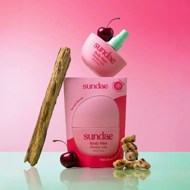 Sundae Body Mist Always Late ingredients label spray bottle woody fragrance 90ml
