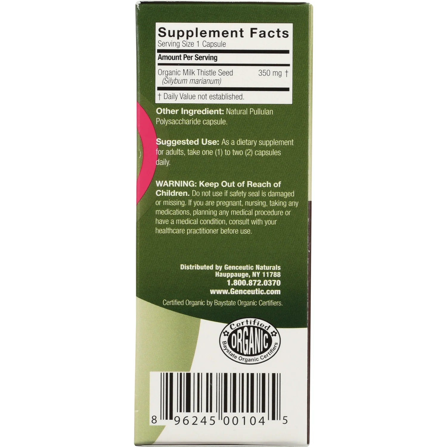 Genceutic Naturals Organic Milk Thistle 350mg capsules supplement facts & barcode panel 60 capsules