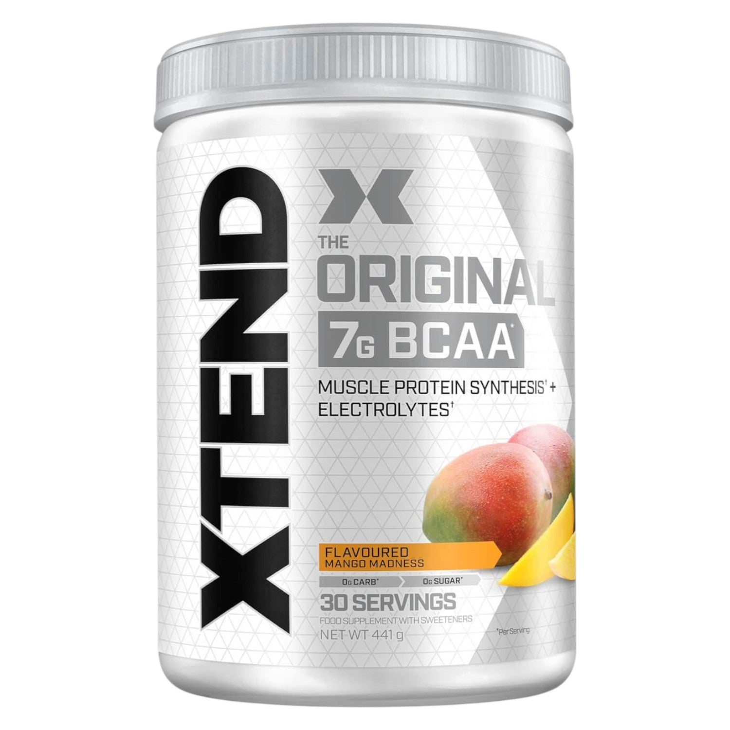 Front image: XTEND Original BCAA Powder Mango Madness tub powder 441g 30 servings