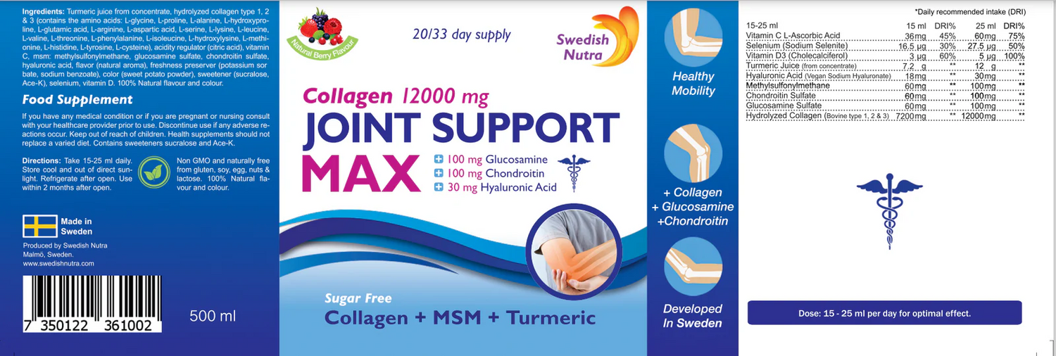 Swedish Nutra Joint Support Max – 12000mg Collagen, Berry Favour (500ml)