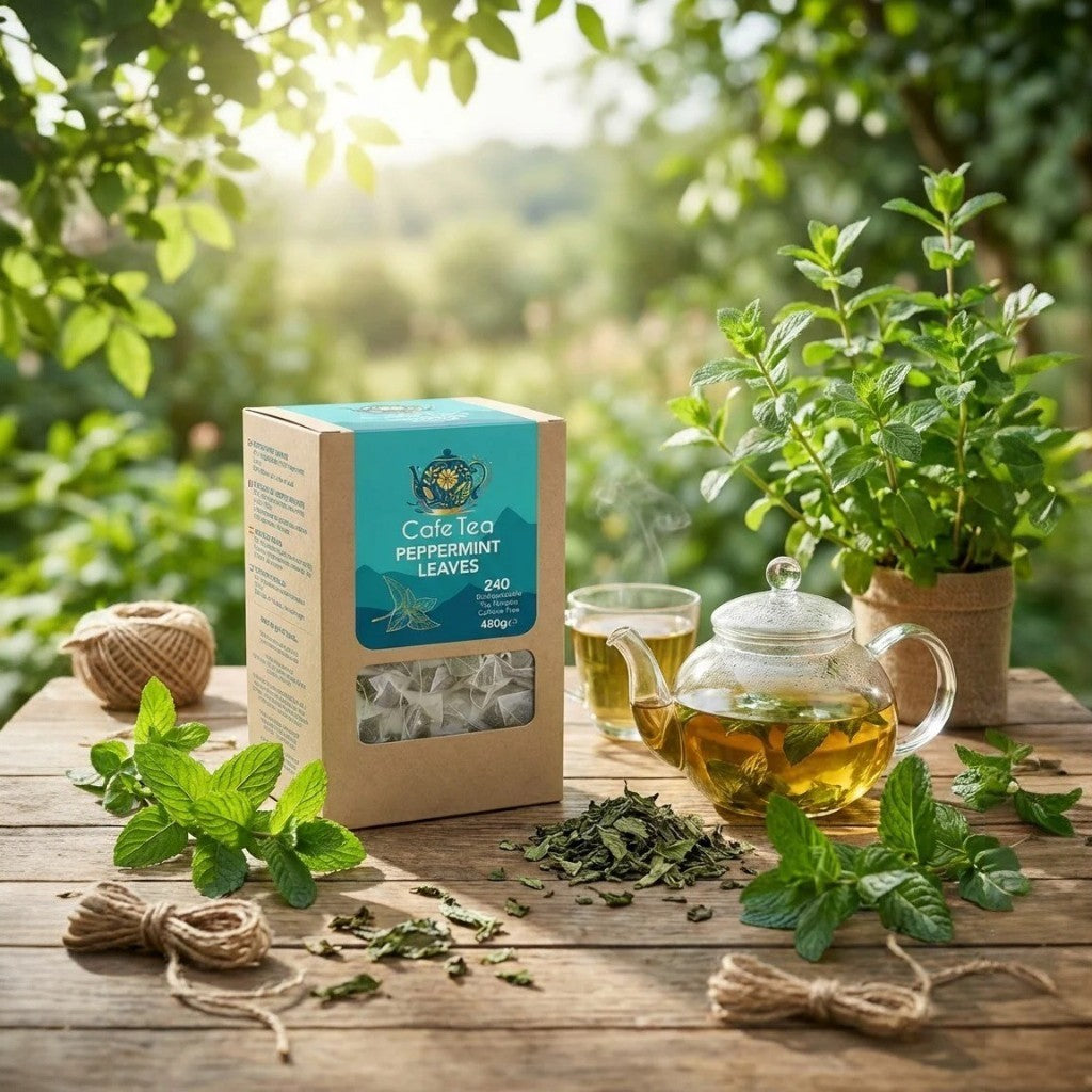 Cafe Tea peppermint herbal tea bags 240 count prepared peppermint tea cup lifestyle