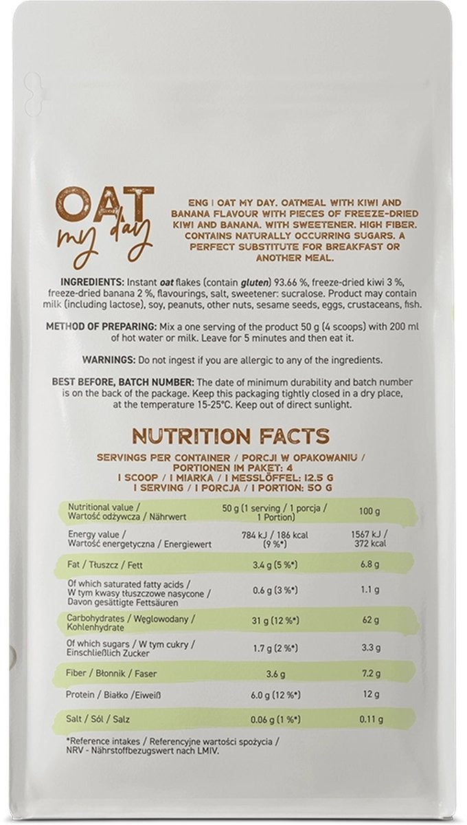Supplement facts & ingredients image: OstroVit Oat My Day oatmeal nutrition label kiwi banana 200g