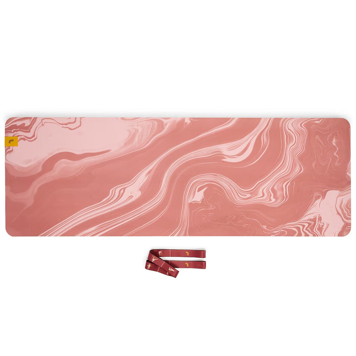 Yoga mat unrolled showing texture and marble pattern, with strap and guide.