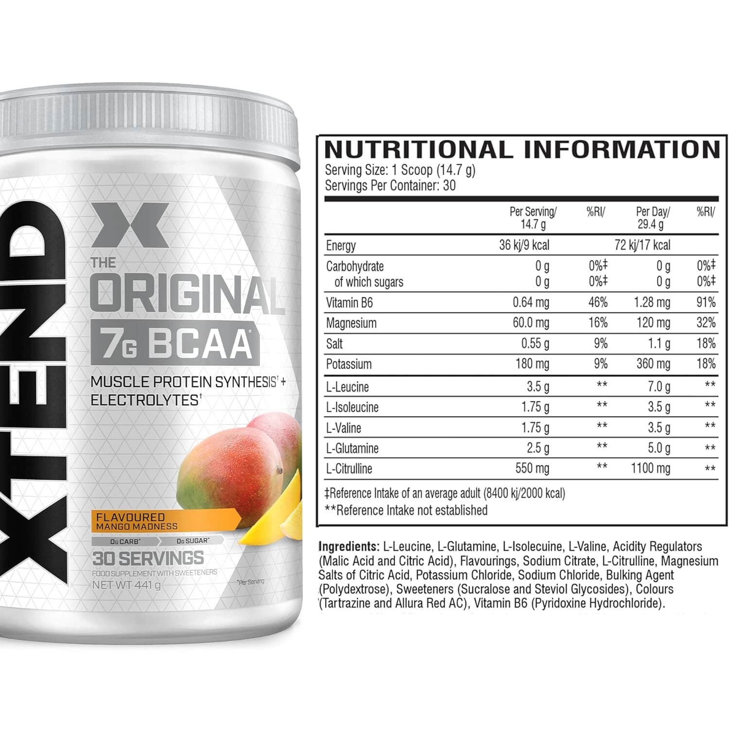 Supplement facts & ingredients image: XTEND Original BCAA Powder Mango Madness supplement facts ingredients tub powder 441g 30 servings