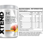 Supplement facts & ingredients image: XTEND Original BCAA Powder Mango Madness supplement facts ingredients tub powder 441g 30 servings