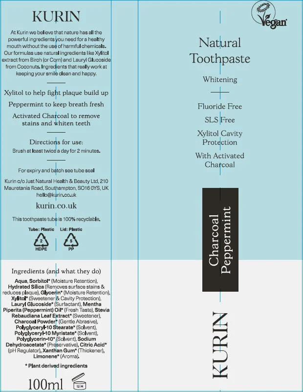 Kurin Fluoride Free Natural Whitening Toothpaste Charcoal Peppermint 100ml ingredients and how to use